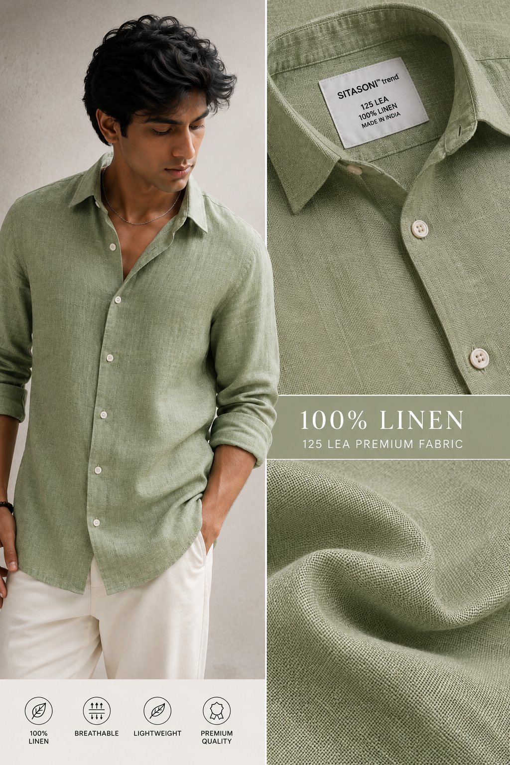 Men's Premium Sage Green 100% Linen Shirt | 125 LEA European Linen | Full Sleeves
