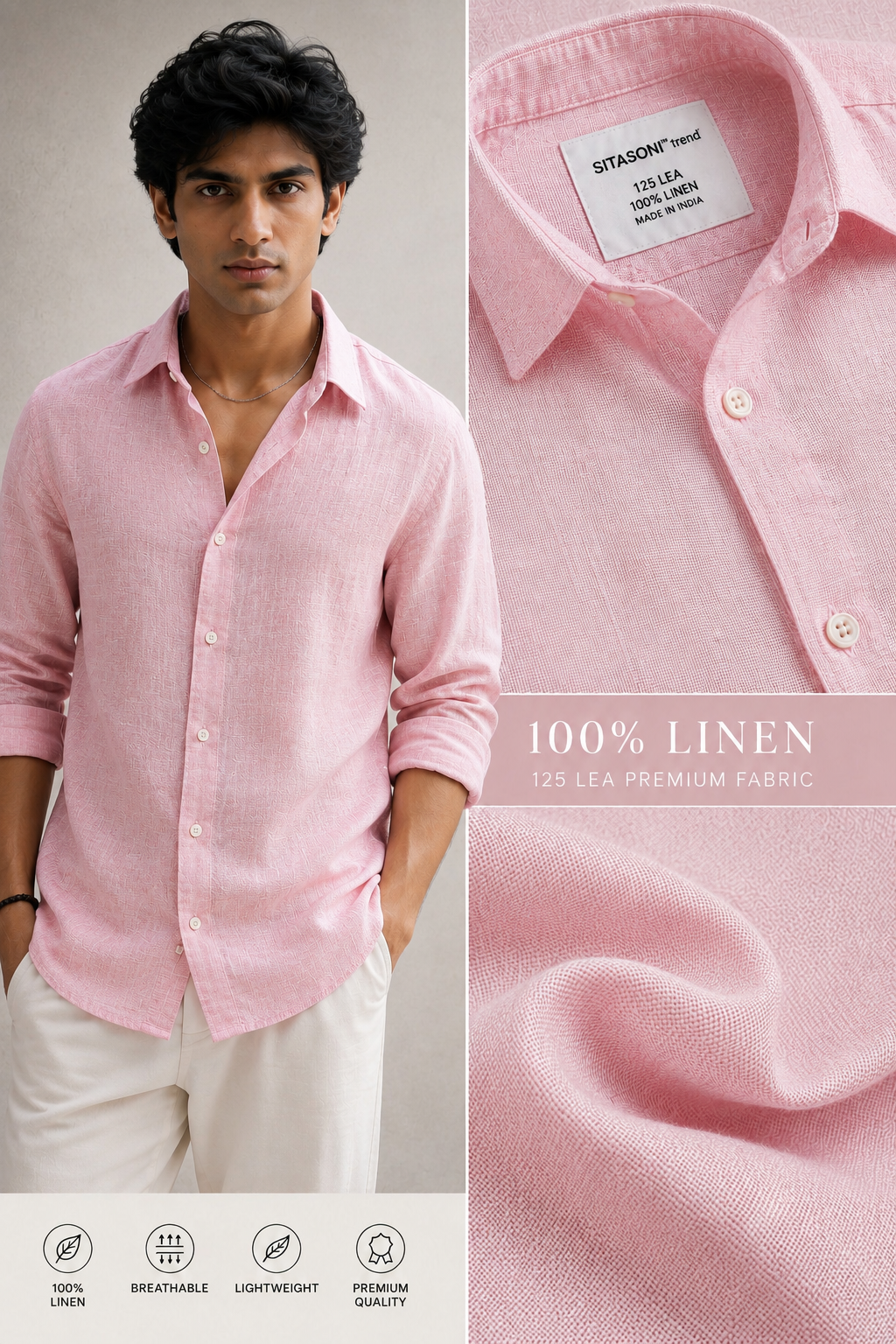 Men's Premium Light Pink 100% Linen Shirt | 125 LEA Linen | Luxury Summer Shirt