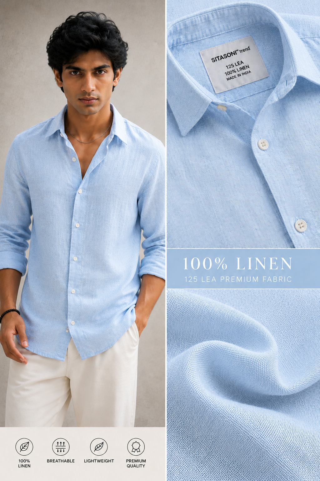 Men's Premium Sky Blue 100% Linen Shirt | 125 LEA Linen | Lightweight Summer Wear