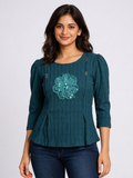 Self Design Women Peplum Top with Front Applique and Puff Sleeves