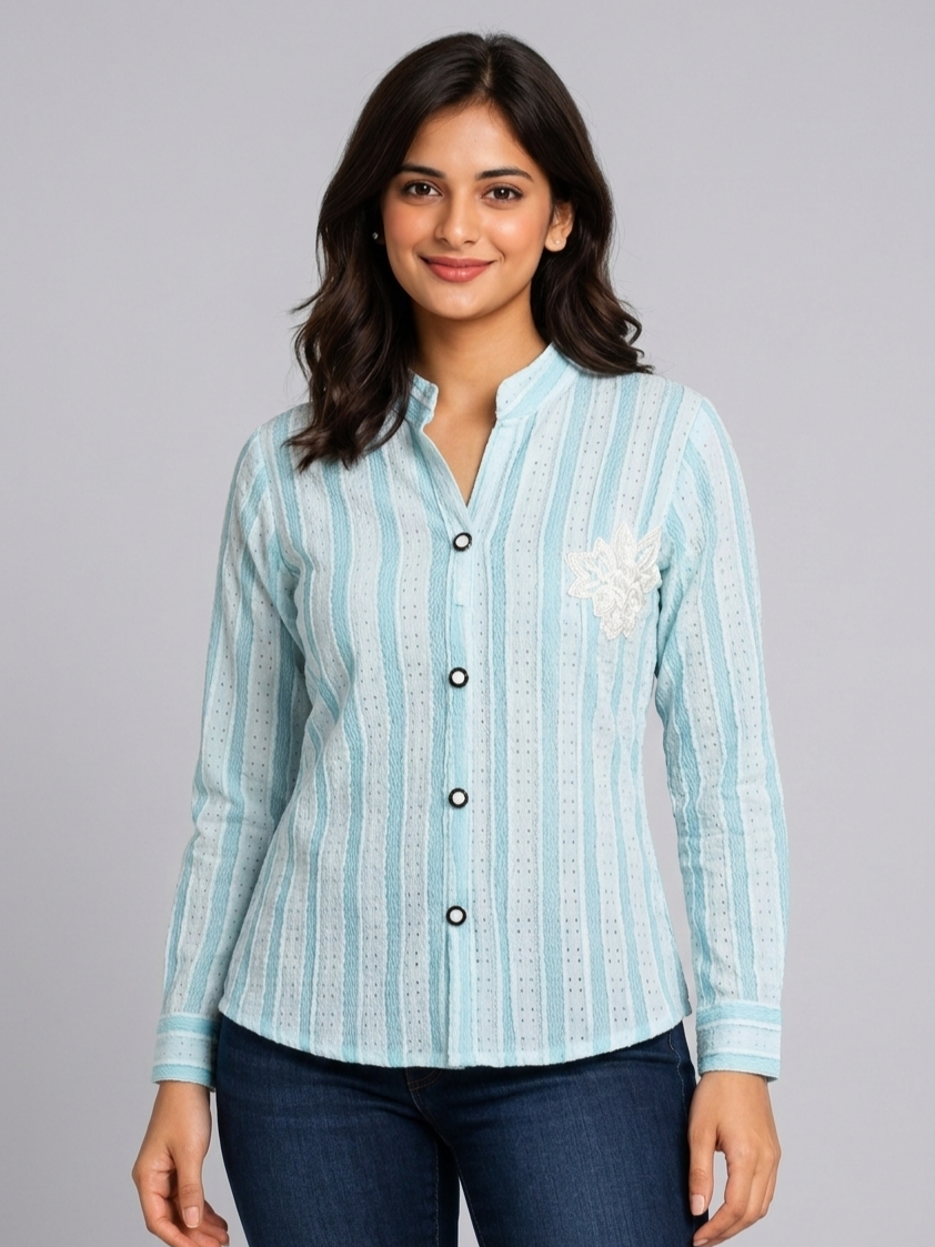SITASONI Striped Seersucker Women's Cotton Tunic with Floral Patch