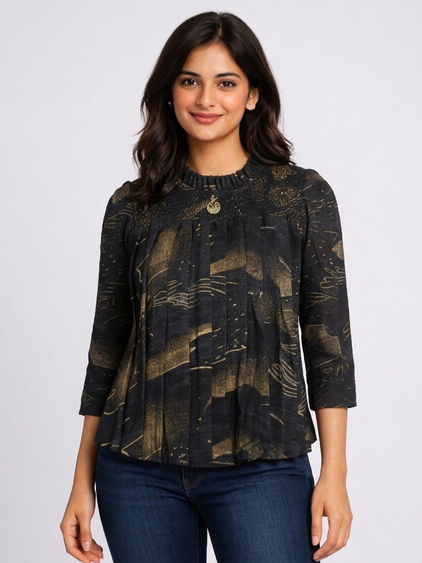 SITASONI Abstract Print Smocked Neck Women's Top with Pleated Detail
