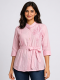 SITASONI Embroidered Floral Mandarian Collar Women's Tunic with Waist Tie-Up