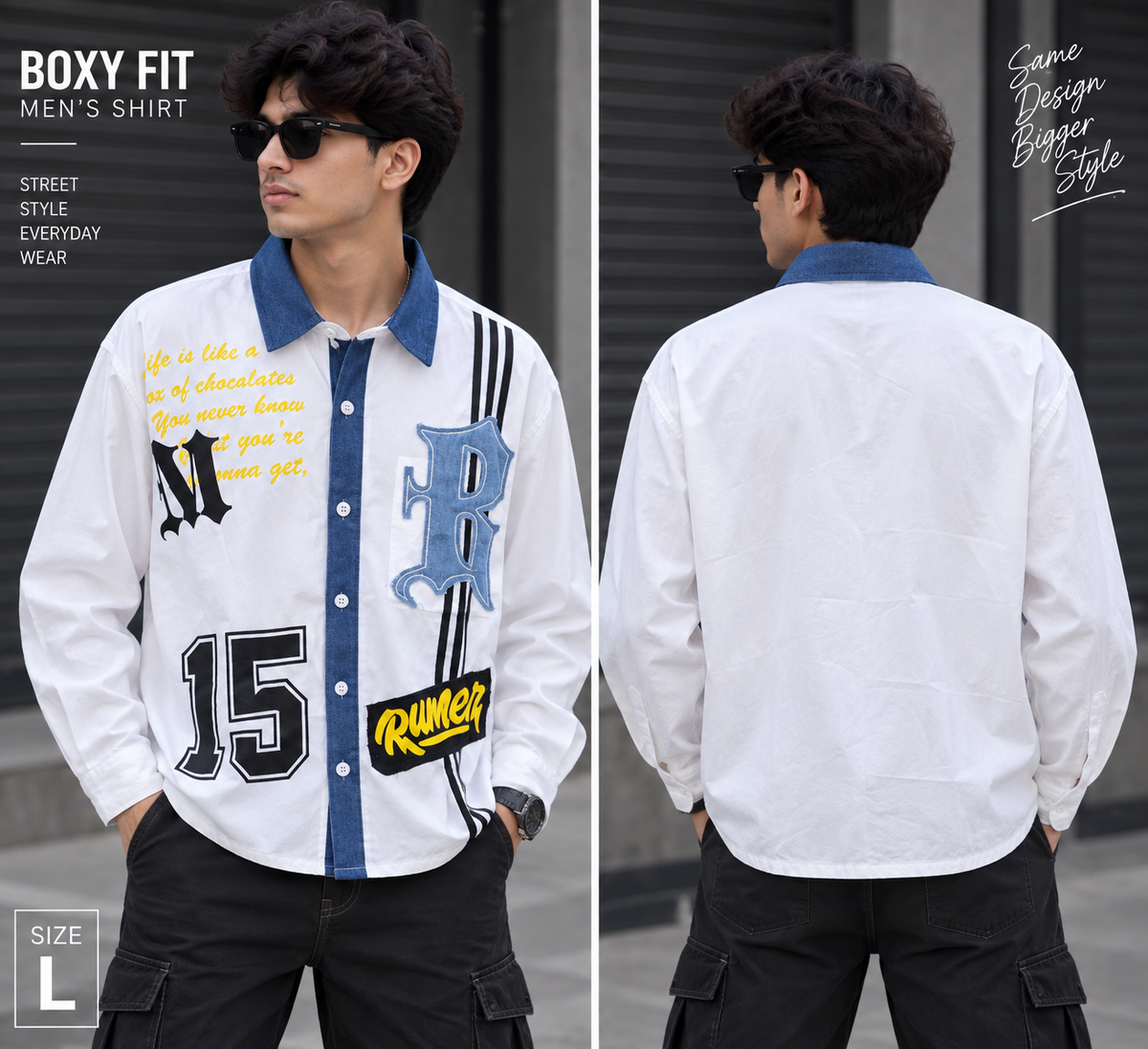 Men’s White & Blue Graphic Printed Boxy Fit Shirt – Full Sleeve