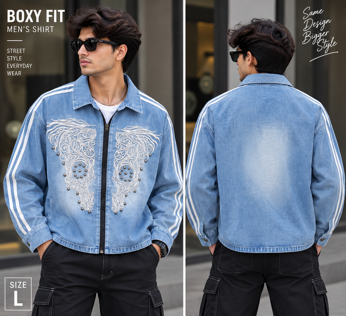 Men’s Light Blue Denim Embroidered Boxy Fit Shirt – Full Sleeve