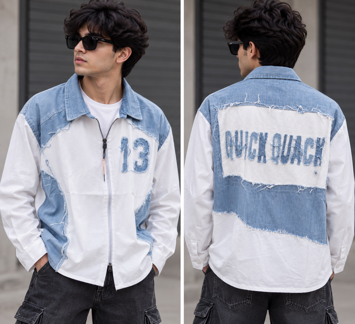 Men’s White & Light Blue Denim Patchwork Boxy Fit Shirt – Full Sleeve