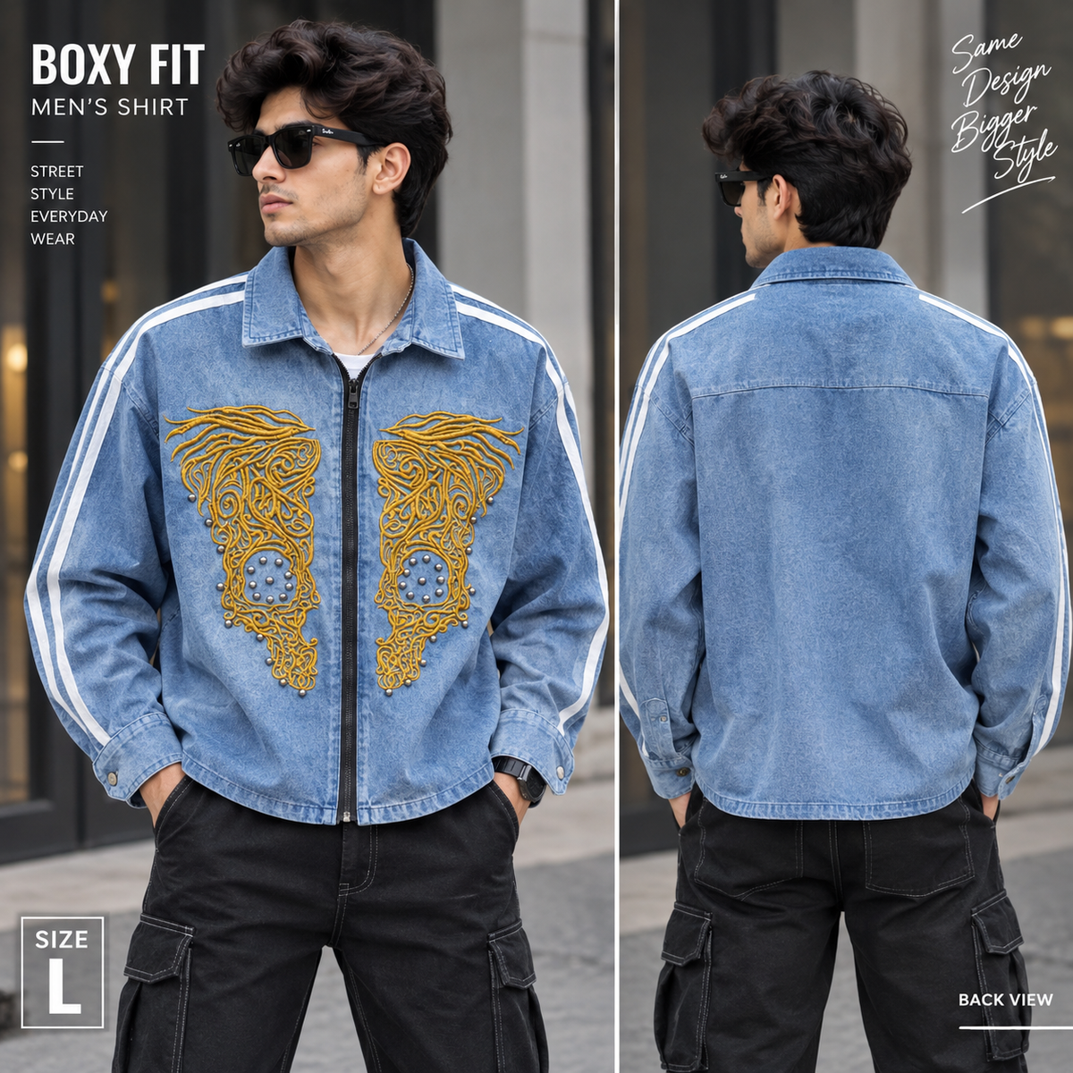 Men’s Light Blue Denim Embroidered Boxy Fit Shirt – Full Sleeve